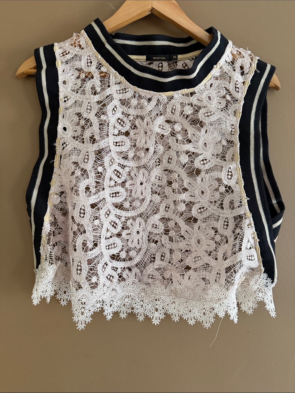 Moikana Cream Lace Overlay Sleeveless Top w/ Sporty Cream and Black Strip Trim